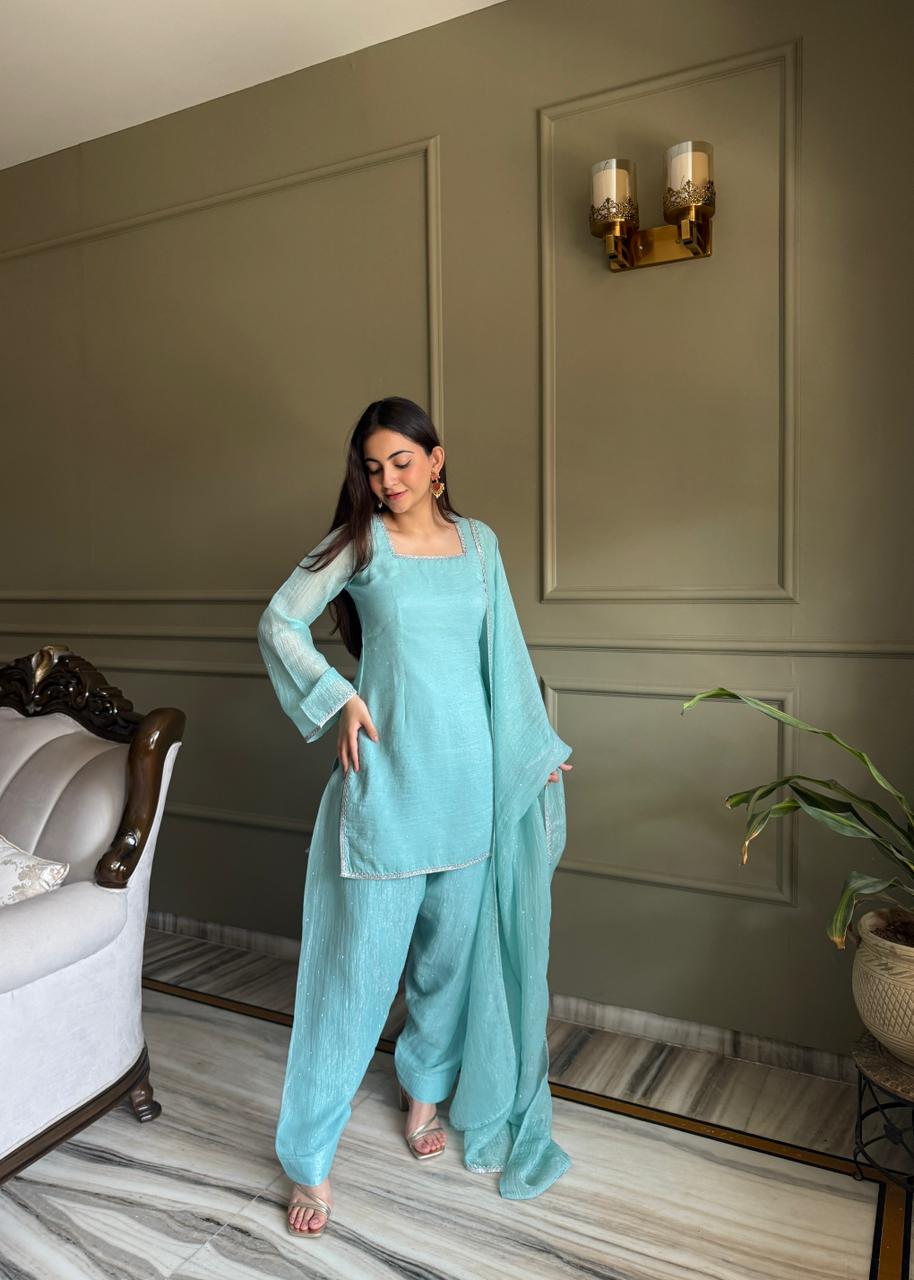 Beautiful Pure Chinon Silk Fabric Straight Fit Kurta, Dupatta With Trouser Set