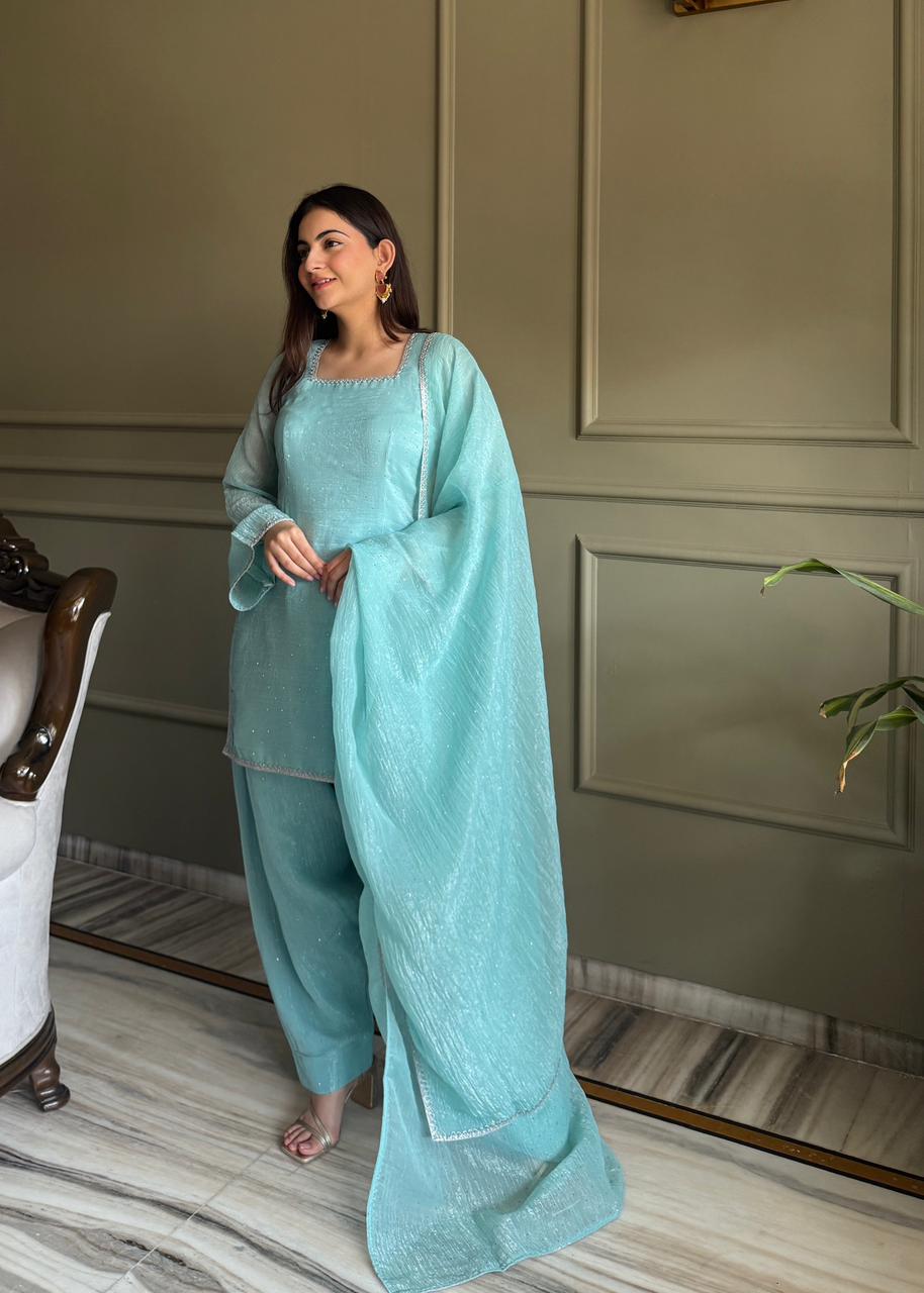 Beautiful Pure Chinon Silk Fabric Straight Fit Kurta, Dupatta With Trouser Set