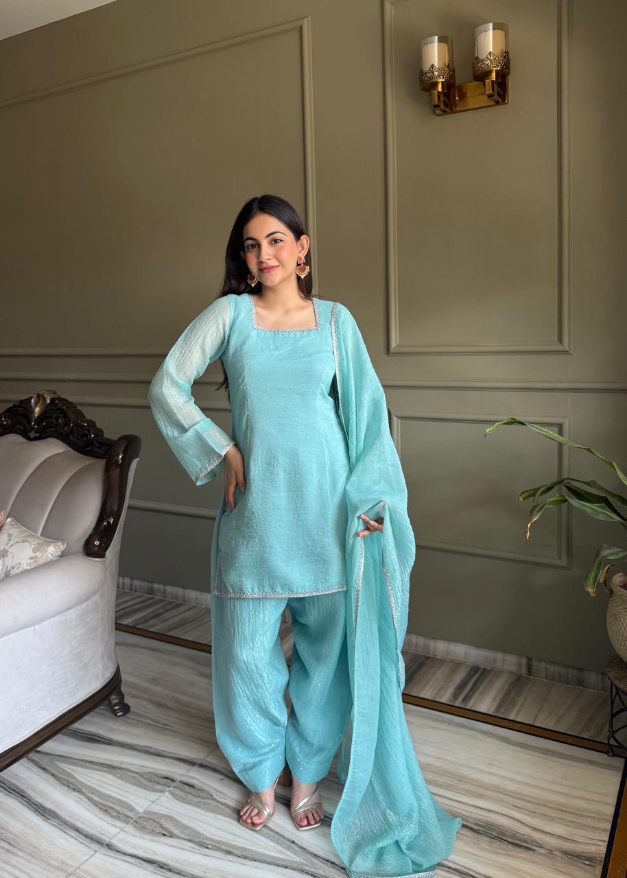 Beautiful Pure Chinon Silk Fabric Straight Fit Kurta, Dupatta With Trouser Set