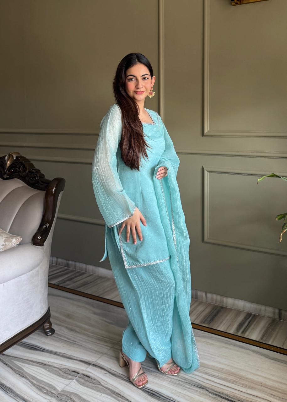 Beautiful Pure Chinon Silk Fabric Straight Fit Kurta, Dupatta With Trouser Set