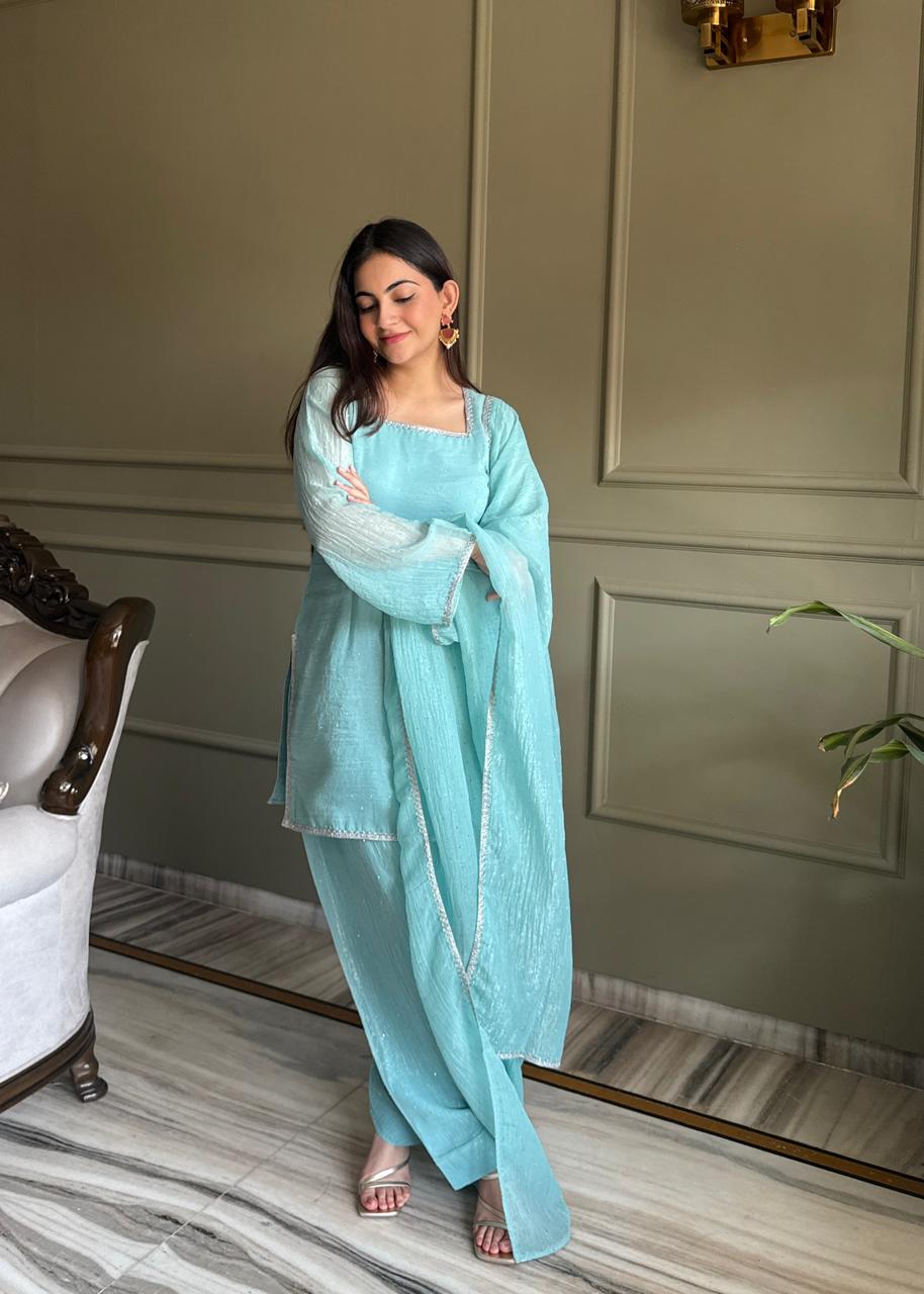 Beautiful Pure Chinon Silk Fabric Straight Fit Kurta, Dupatta With Trouser Set