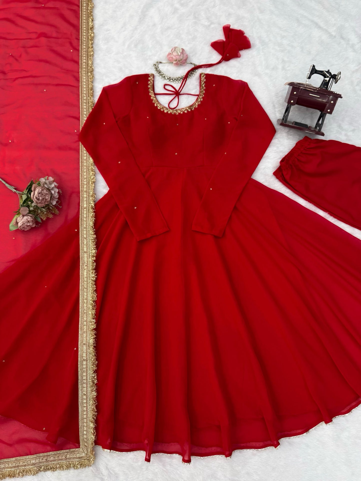 Red Faux Georgette Hand Work Anarkali Set