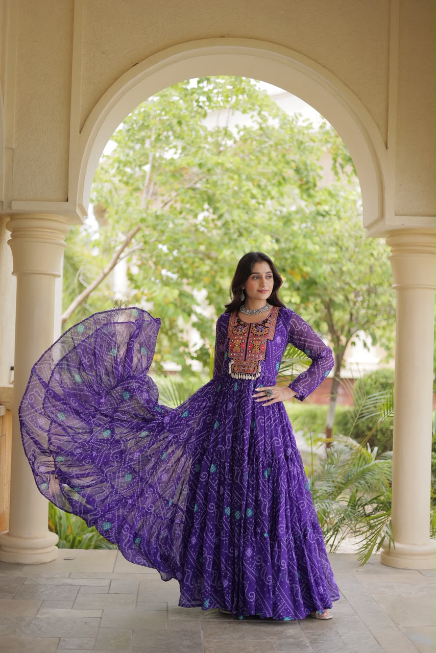 Bandhani Print Kutchi Patchwork Faux Georgette Gown