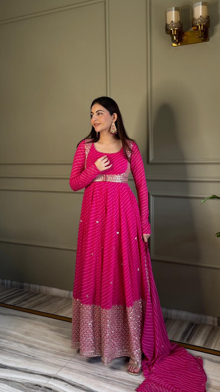Premium Bandhej Heavy Traditional Koti Anarkali Suit Set