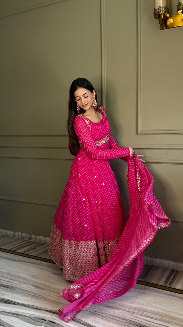 Premium Bandhej Heavy Traditional Koti Anarkali Suit Set
