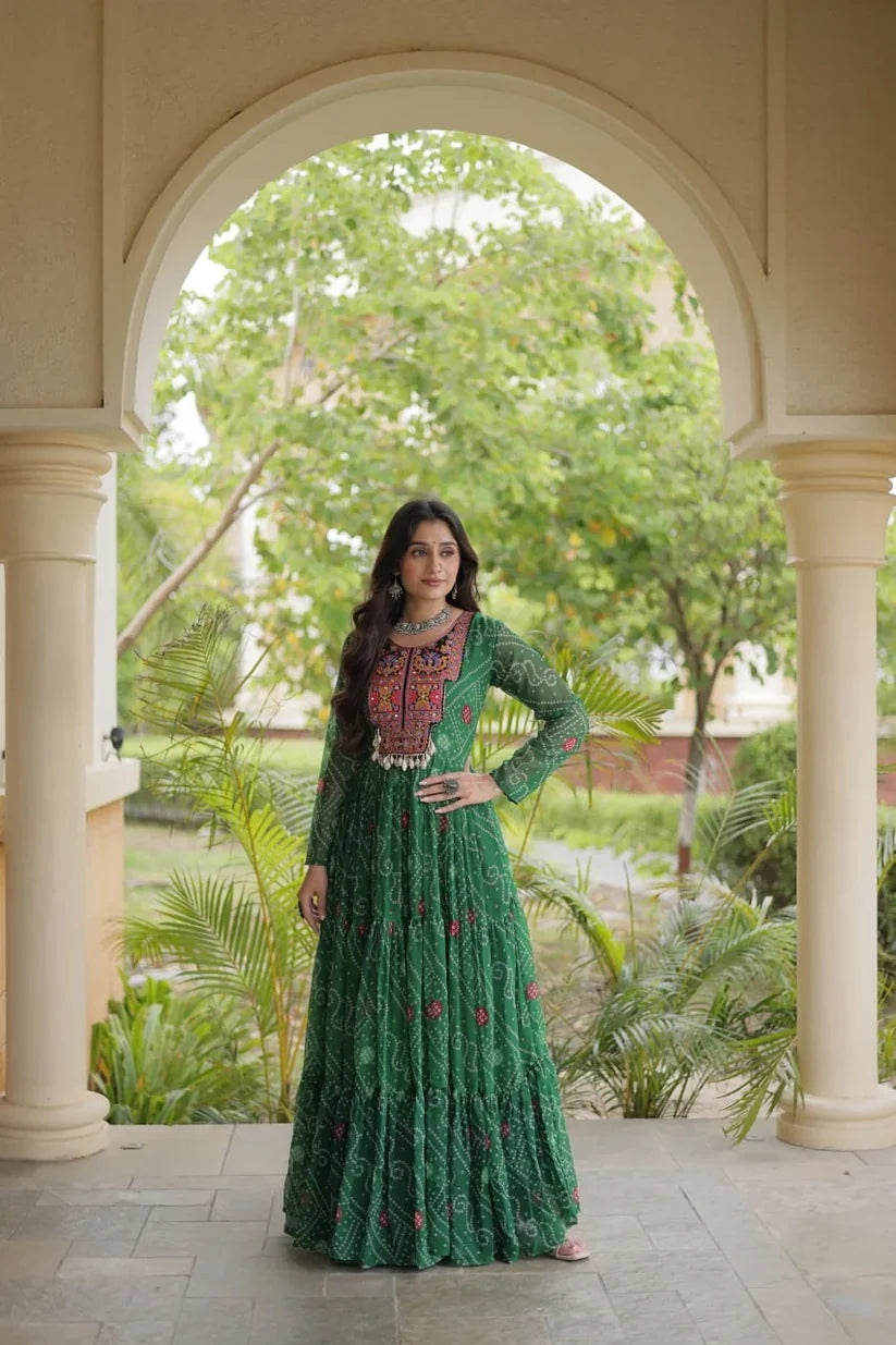 Bandhani Print Kutchi Patchwork Faux Georgette Gown