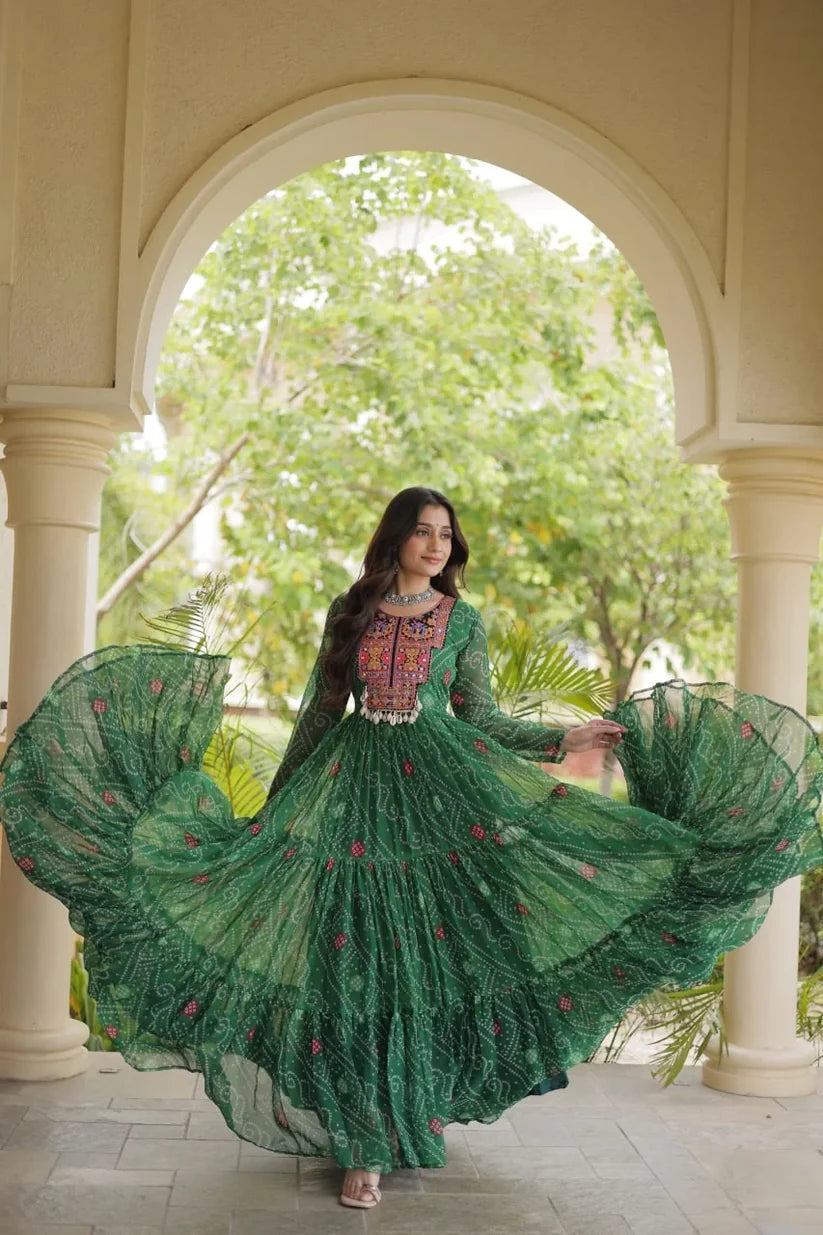 Bandhani Print Kutchi Patchwork Faux Georgette Gown