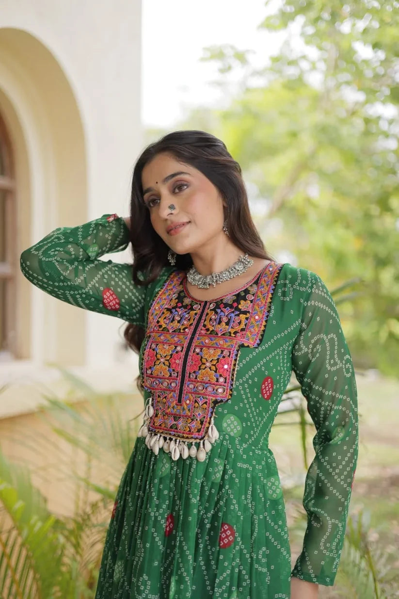Bandhani Print Kutchi Patchwork Faux Georgette Gown