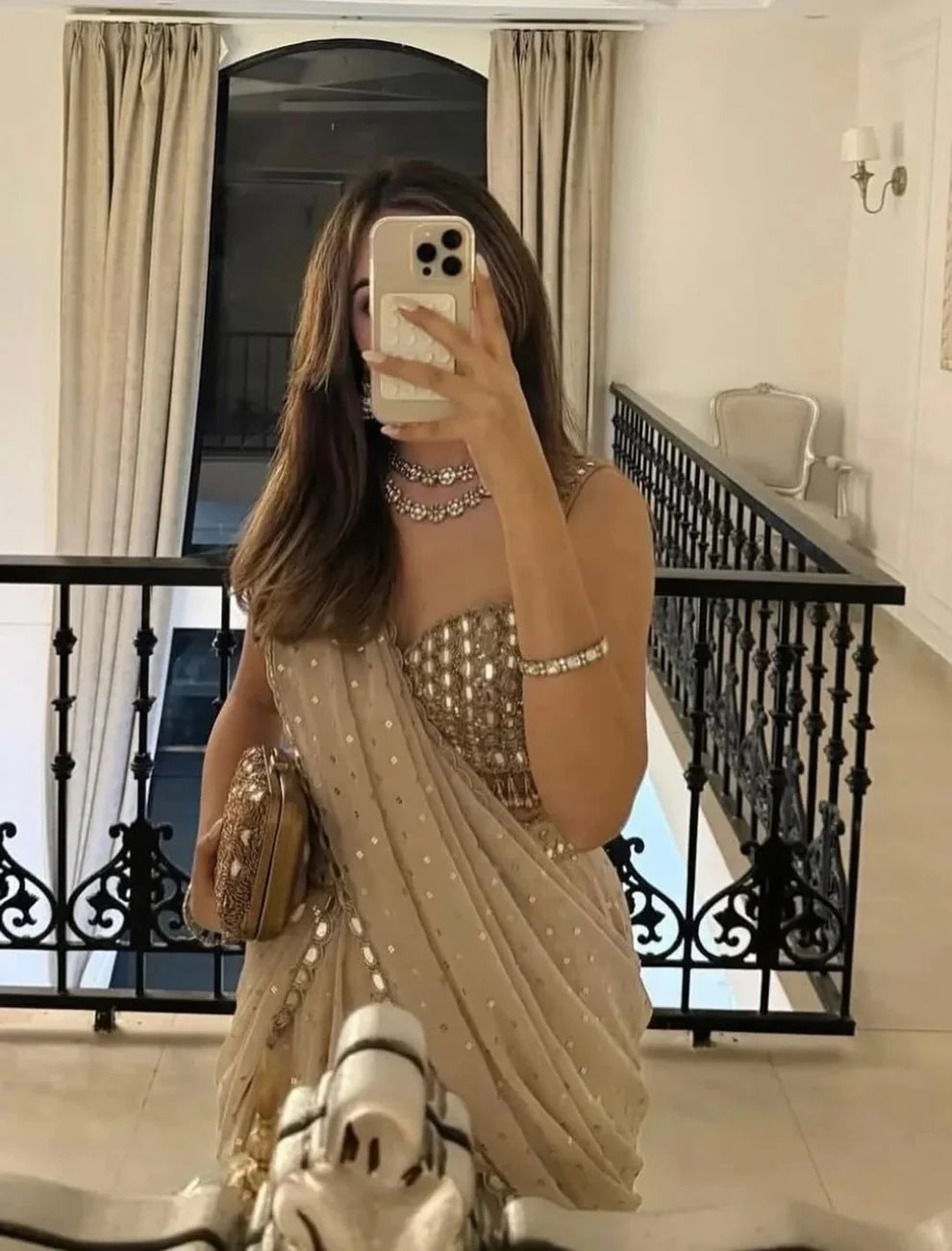 Beige Ready to Wear Saree in Faux Georgette with Mirror & Sequin Work