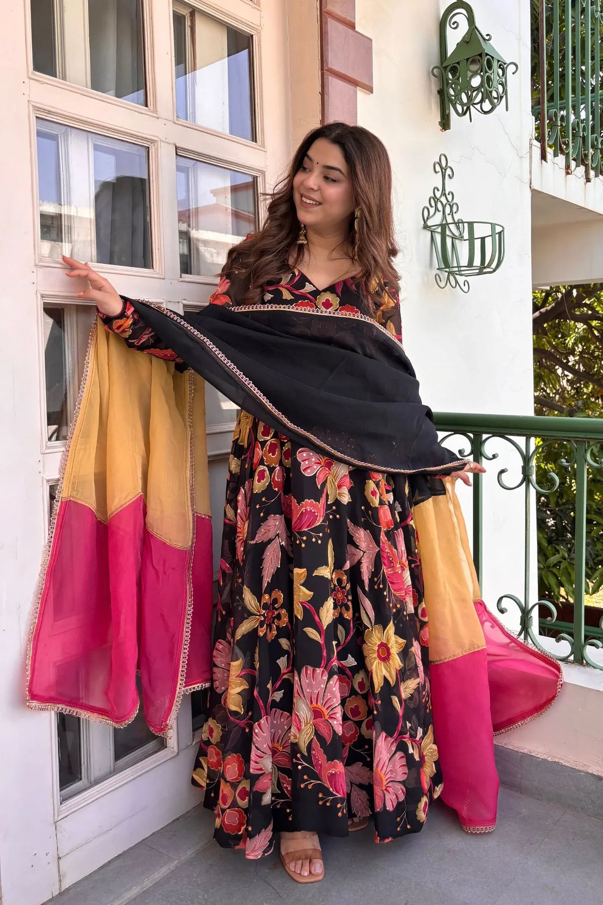 Black Floral Organza Anarkali Set with Dupatta