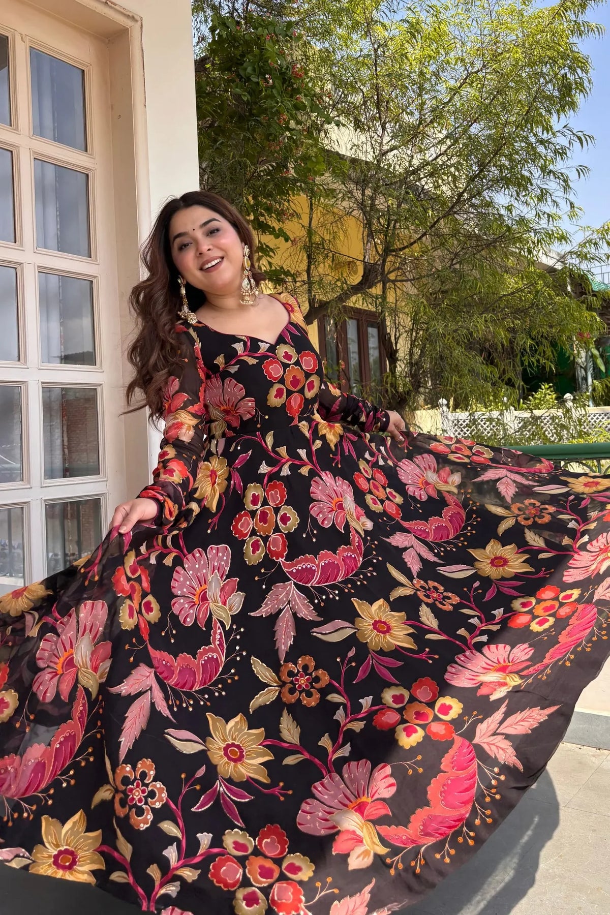 Black Floral Organza Anarkali Set with Dupatta