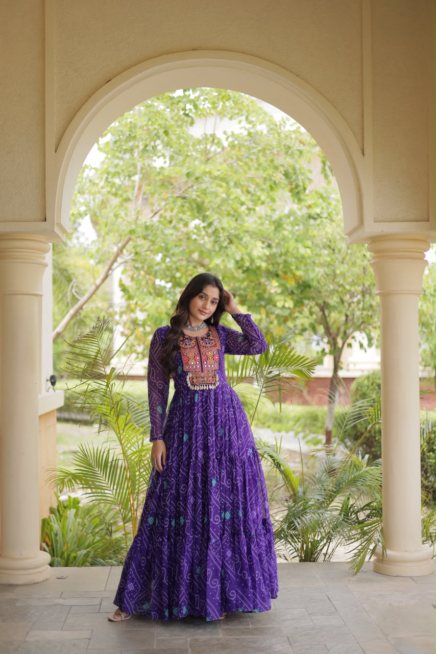 Bandhani Print Kutchi Patchwork Faux Georgette Gown