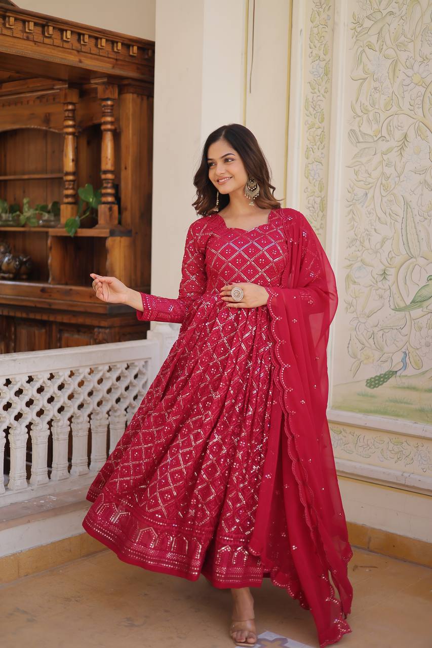 RANI & WINE EMBROIDERED GEORGETTE ANARKALI SUIT SET