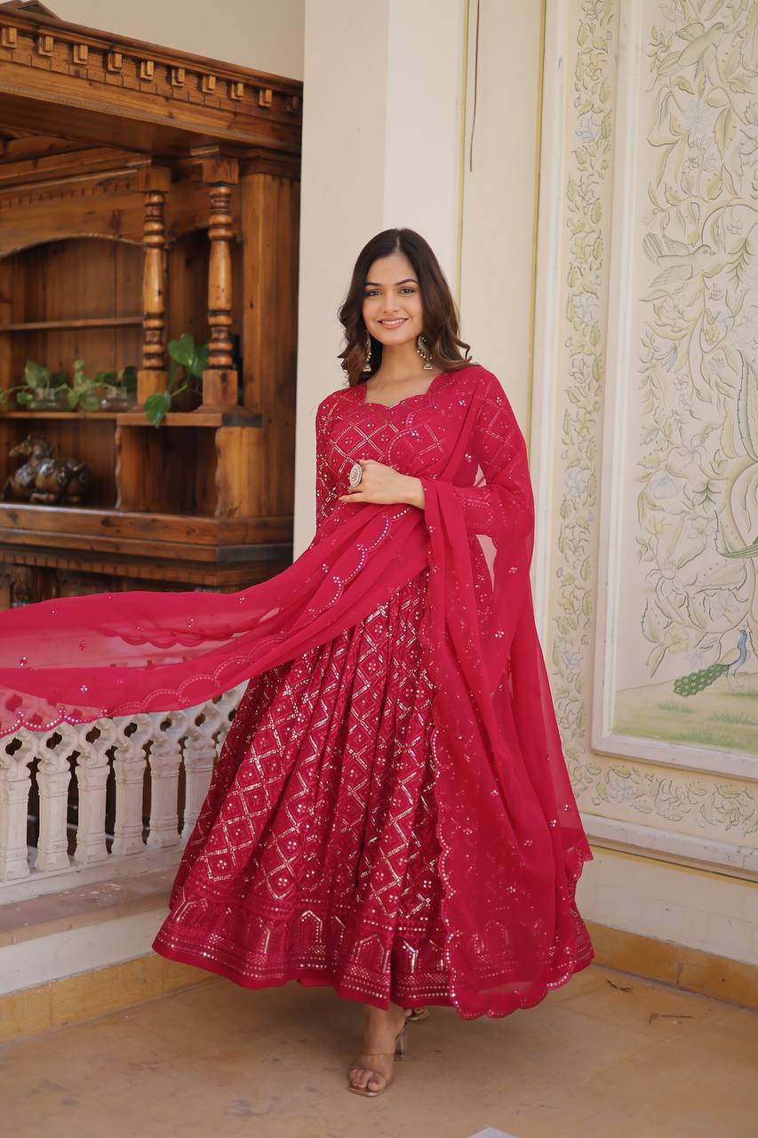 RANI & WINE EMBROIDERED GEORGETTE ANARKALI SUIT SET