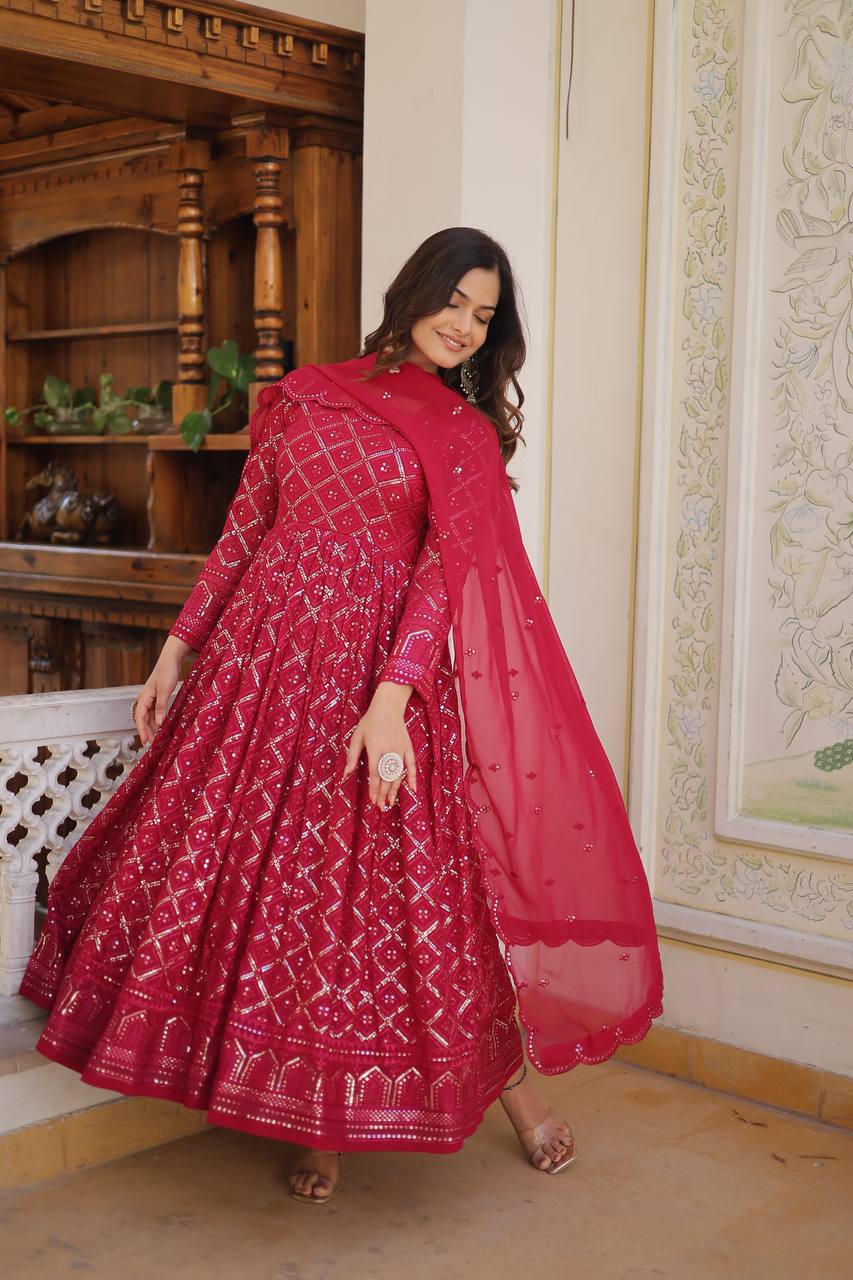 RANI & WINE EMBROIDERED GEORGETTE ANARKALI SUIT SET