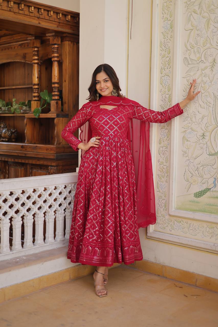 RANI & WINE EMBROIDERED GEORGETTE ANARKALI SUIT SET