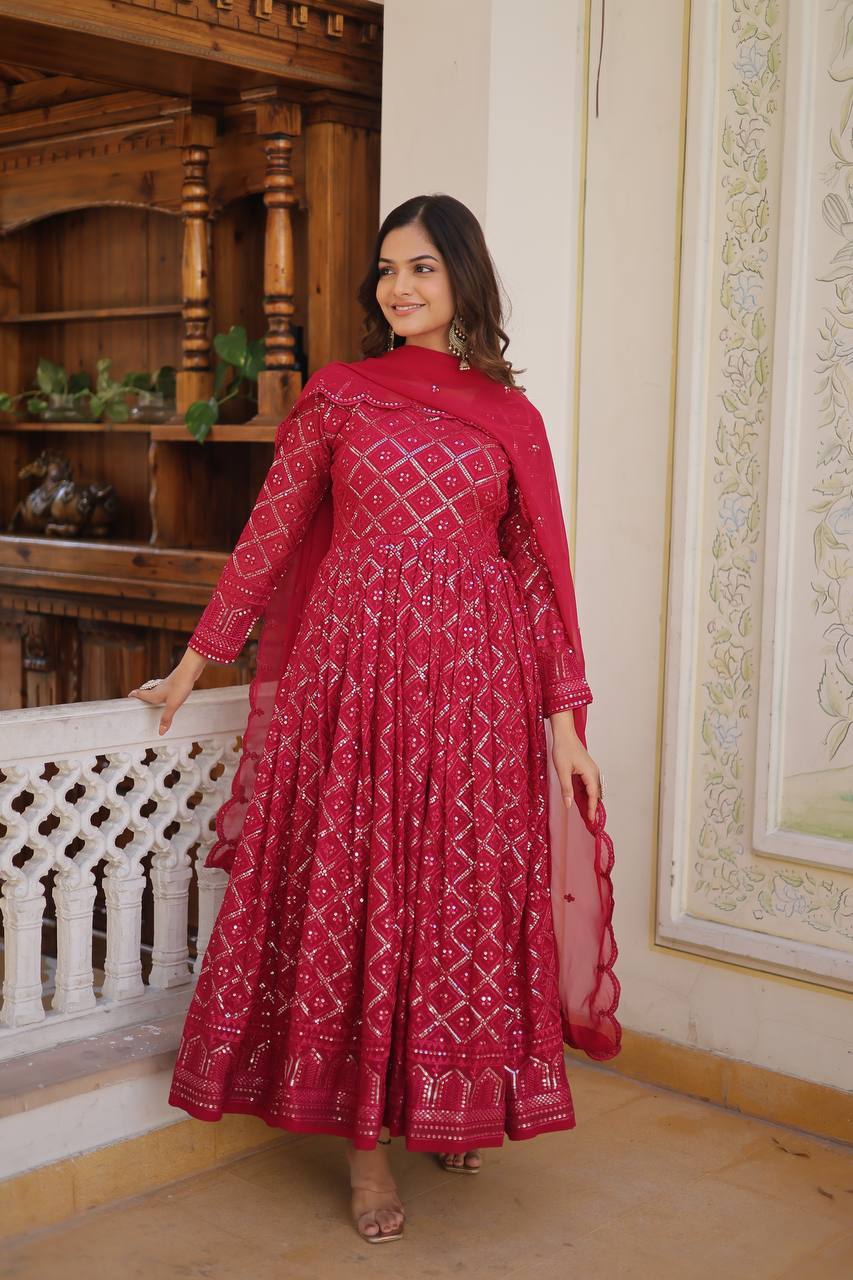 RANI & WINE EMBROIDERED GEORGETTE ANARKALI SUIT SET