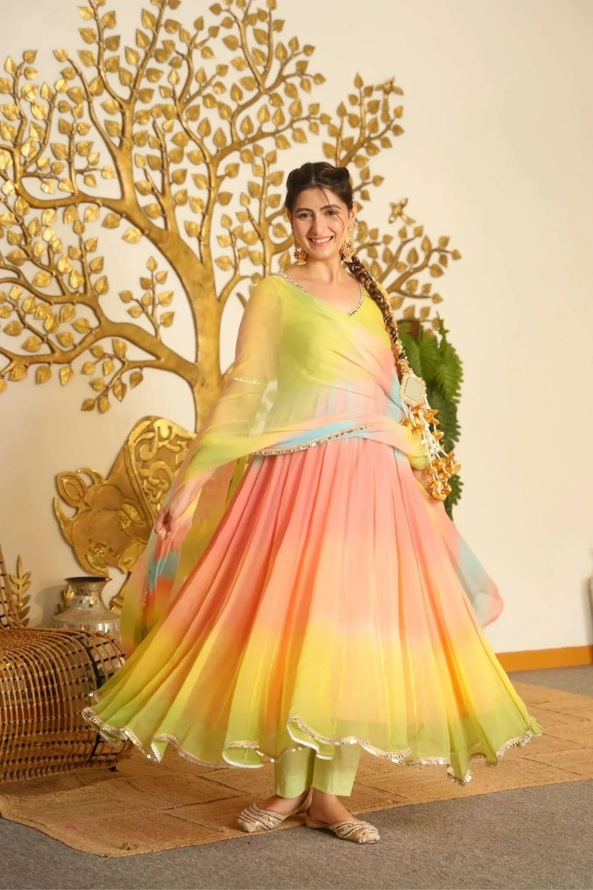 Multicolor Chiffon Anarkali Suit with Dupatta & Pant