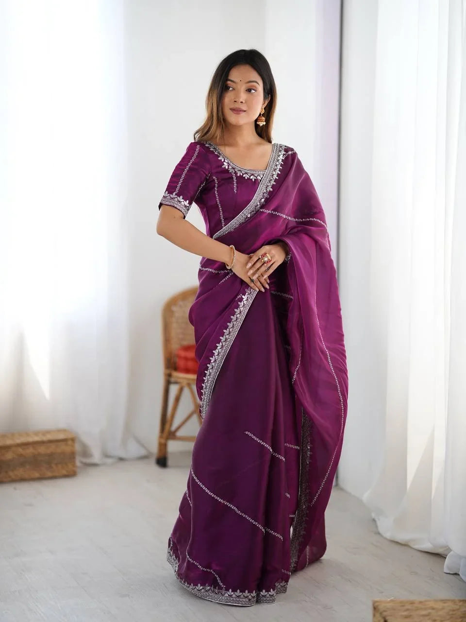 Organza Silk Saree with Thread & Sequin Embroidery | Chicorawear
