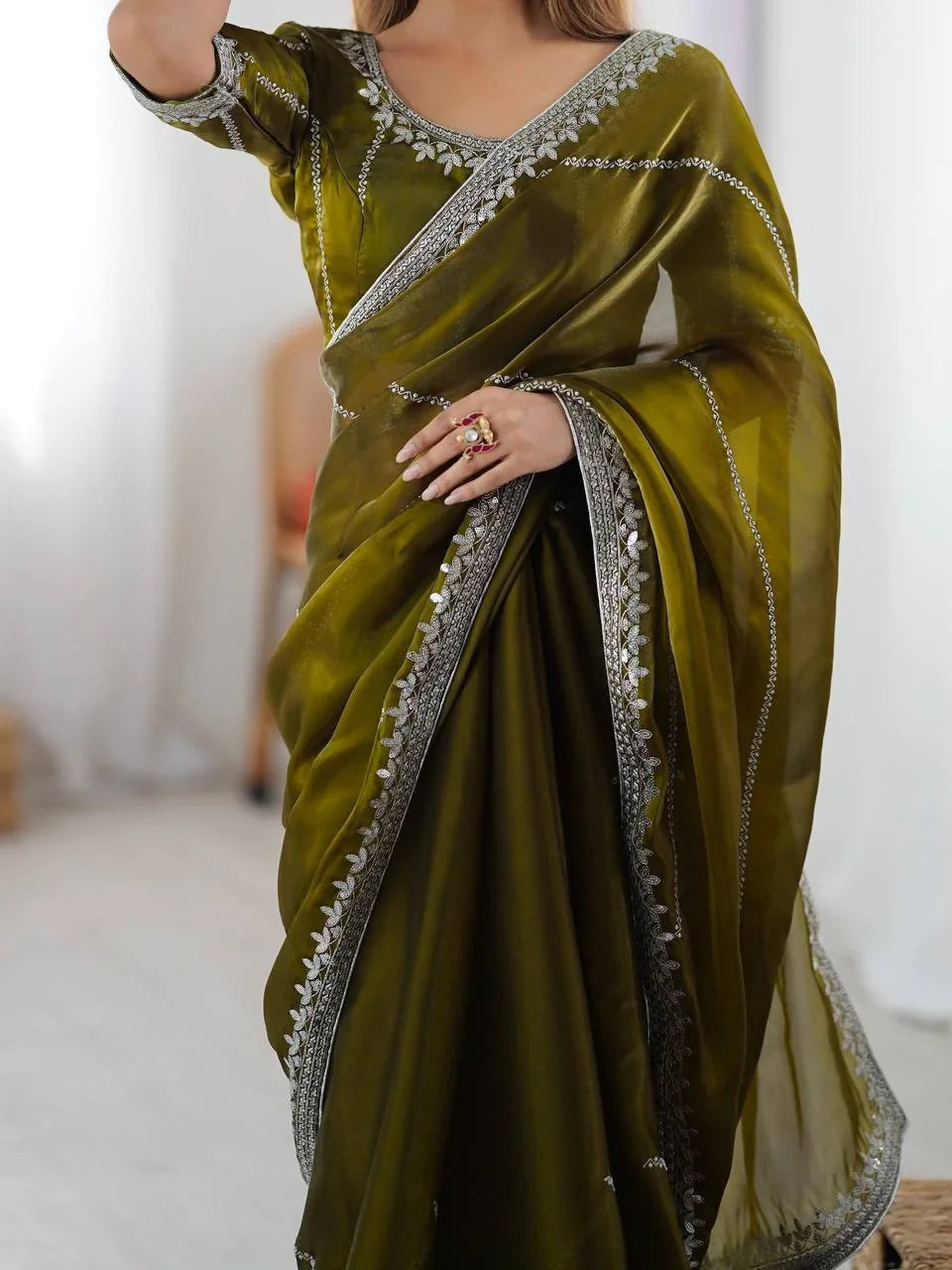 Organza Silk Saree with Thread & Sequin Embroidery | Chicorawear