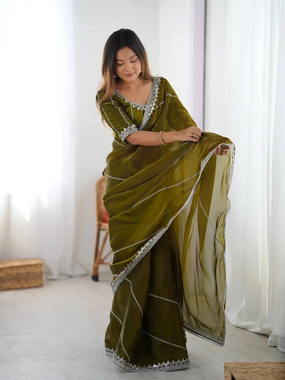 Organza Silk Saree with Thread & Sequin Embroidery | Chicorawear