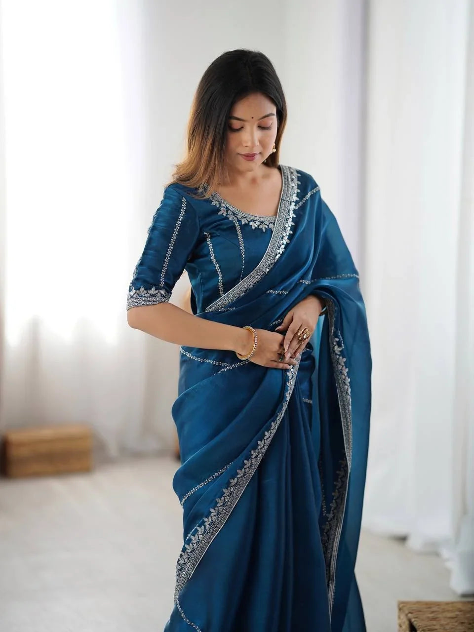 Organza Silk Saree with Thread & Sequin Embroidery | Chicorawear