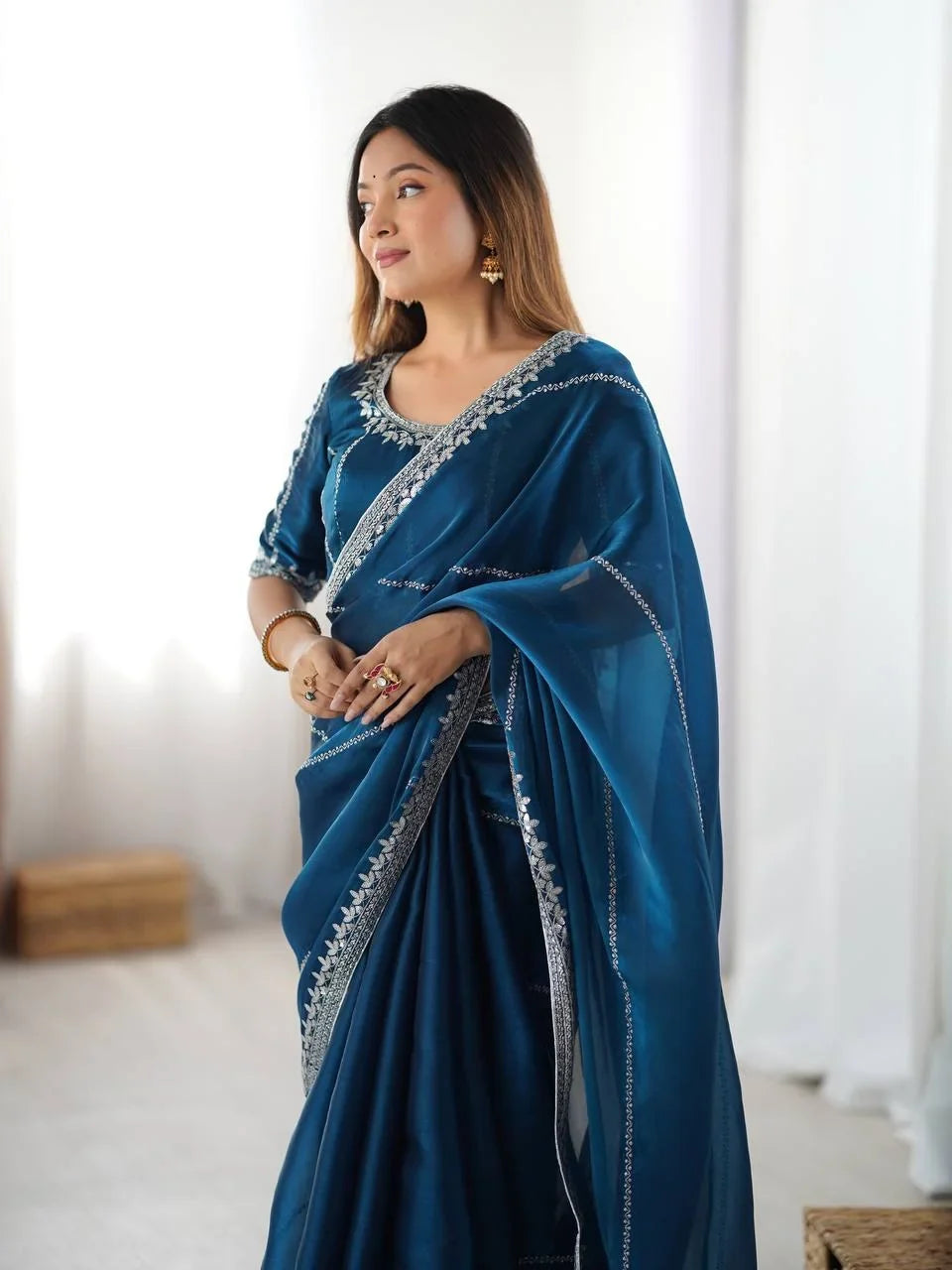 Organza Silk Saree with Thread & Sequin Embroidery | Chicorawear