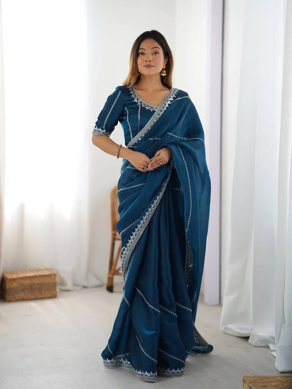 Organza Silk Saree with Thread & Sequin Embroidery | Chicorawear