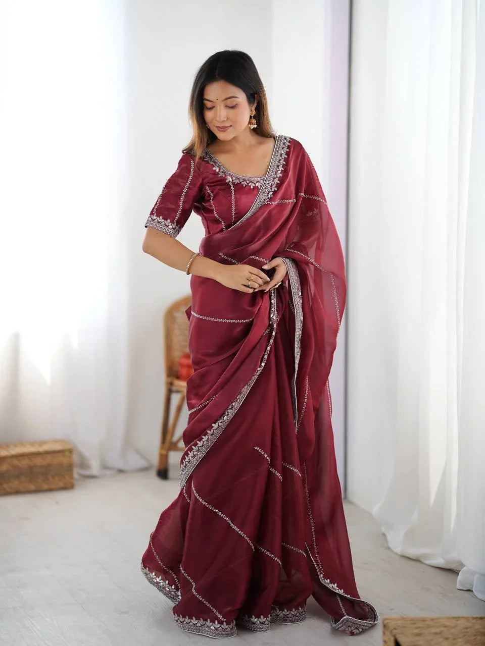 Organza Silk Saree with Thread & Sequin Embroidery | Chicorawear