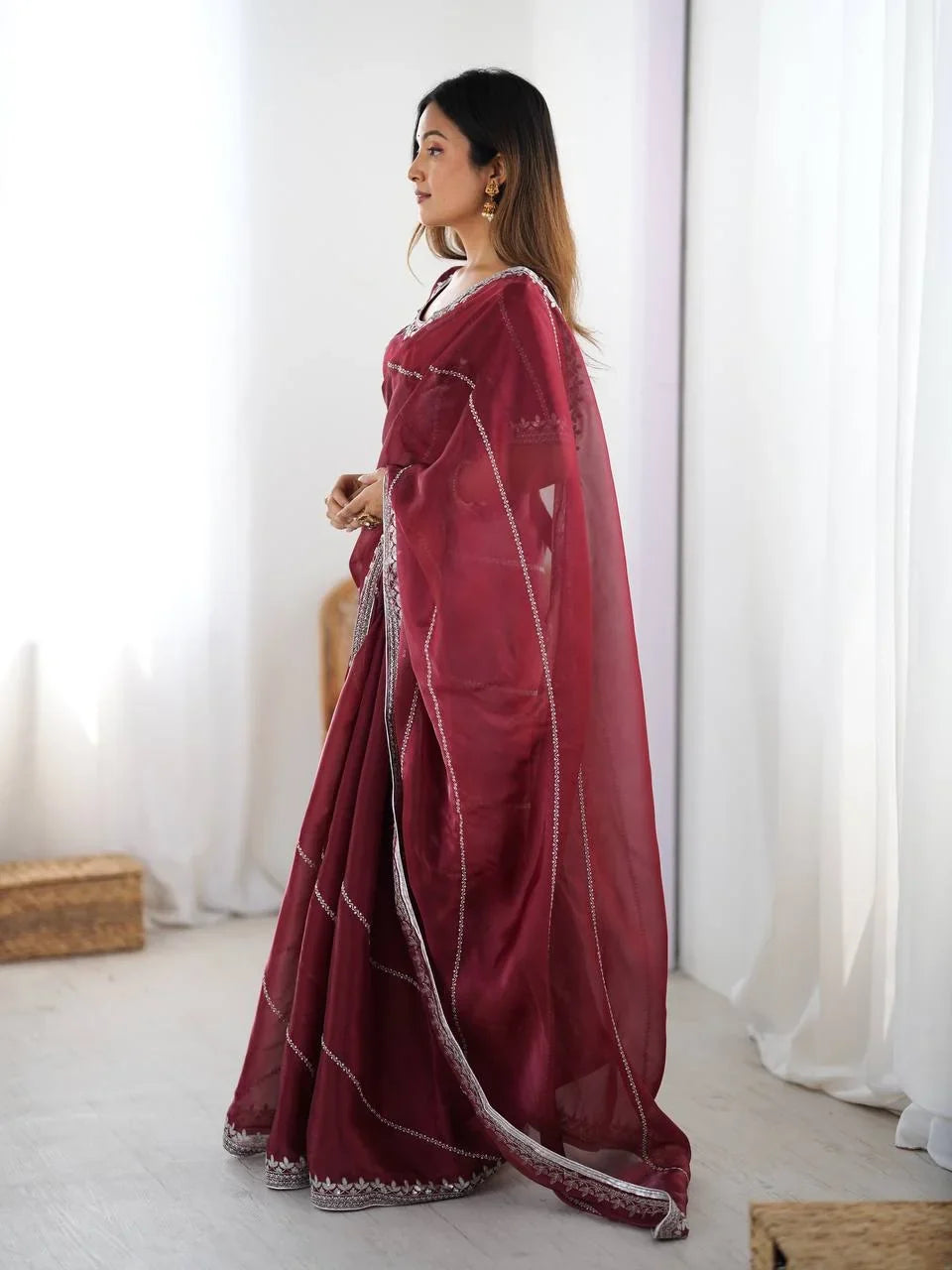 Organza Silk Saree with Thread & Sequin Embroidery | Chicorawear
