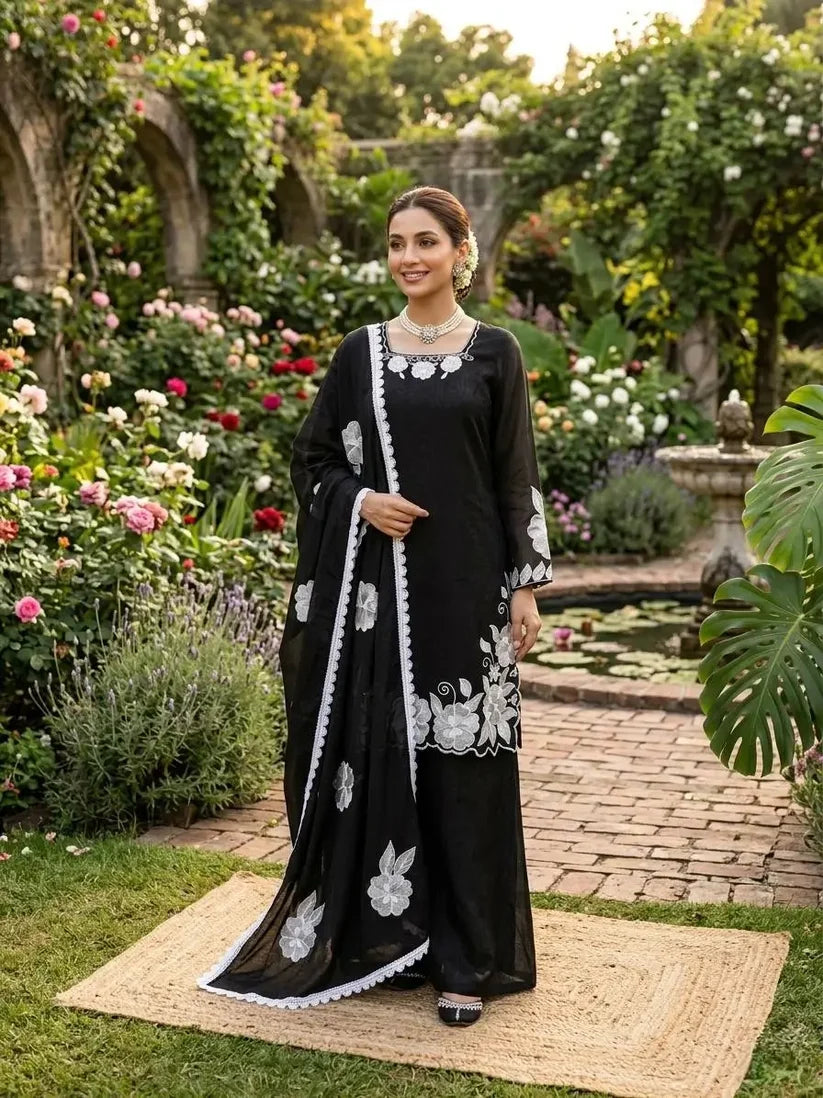 Black Embroidered Fendy Silk Palazzo Suit Set