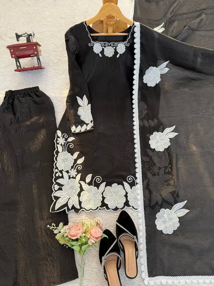 Black Embroidered Fendy Silk Palazzo Suit Set