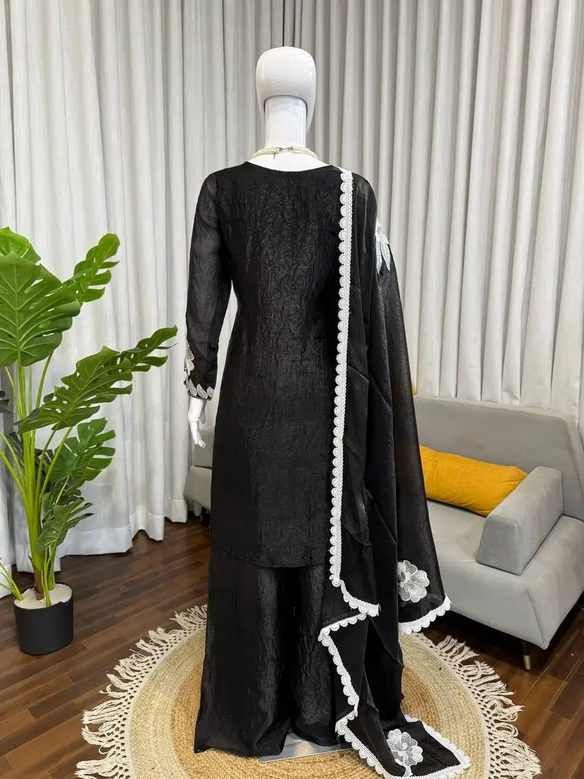 Black Embroidered Fendy Silk Palazzo Suit Set