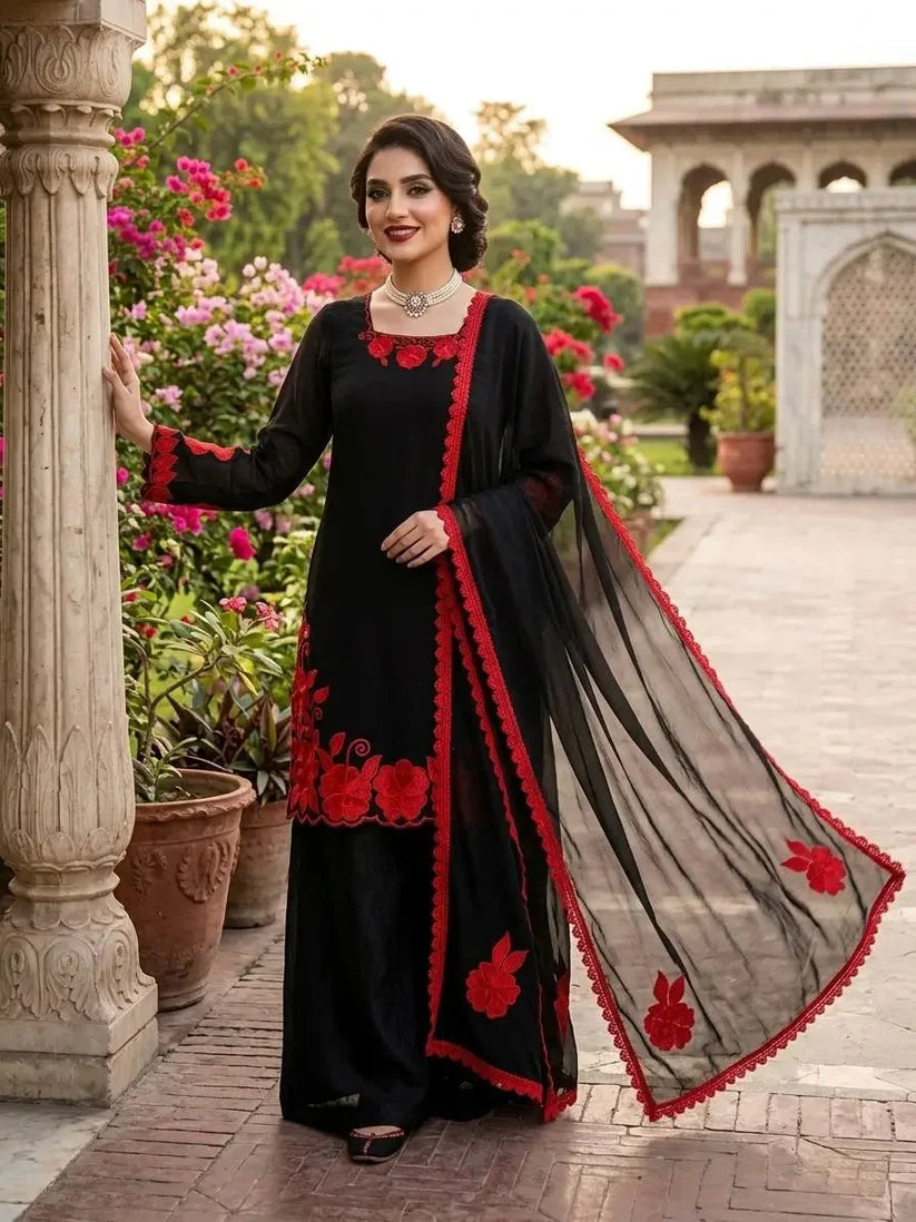 Black & Red Embroidered Fendy Silk Palazzo Suit Set