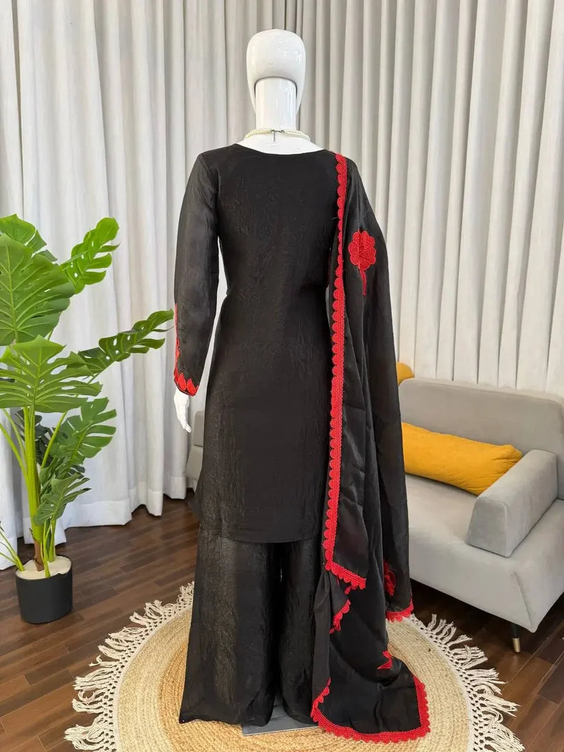 Black & Red Embroidered Fendy Silk Palazzo Suit Set