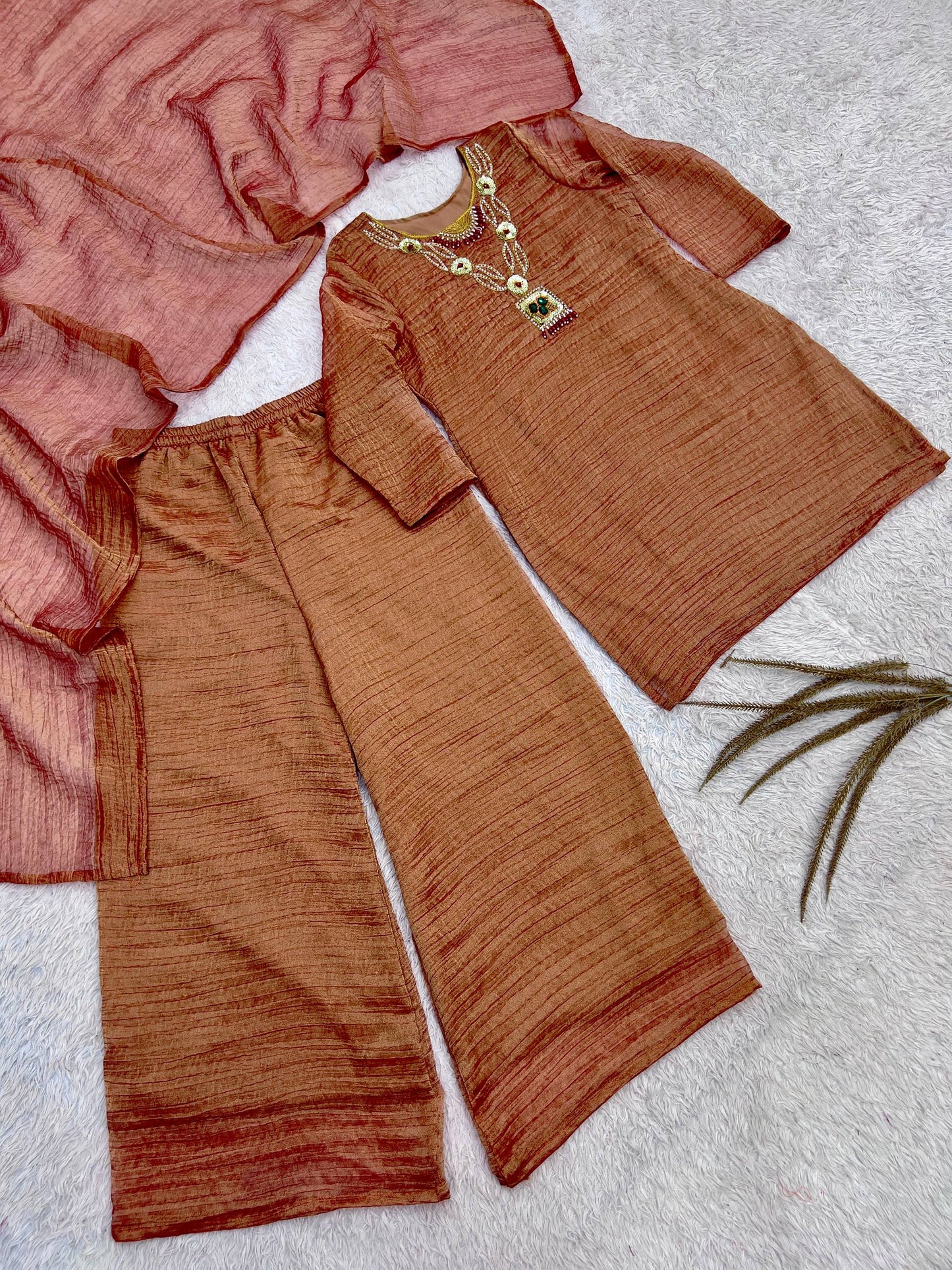 Copper Brown Pure Salsa Crush Silk Embroidered Top Palazzo Dupatta Set
