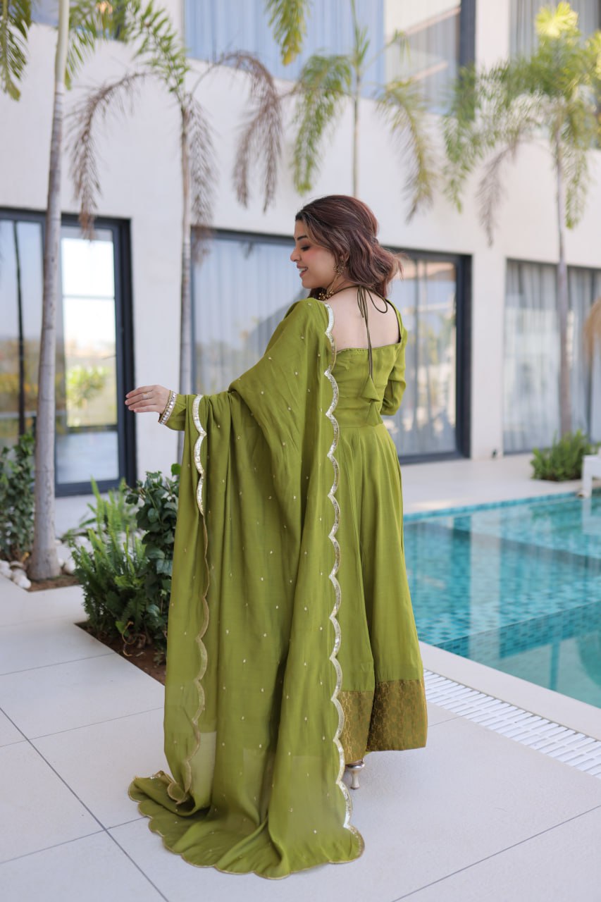 Graceful Queen Look Mehendi Green Anarkali Suit Set