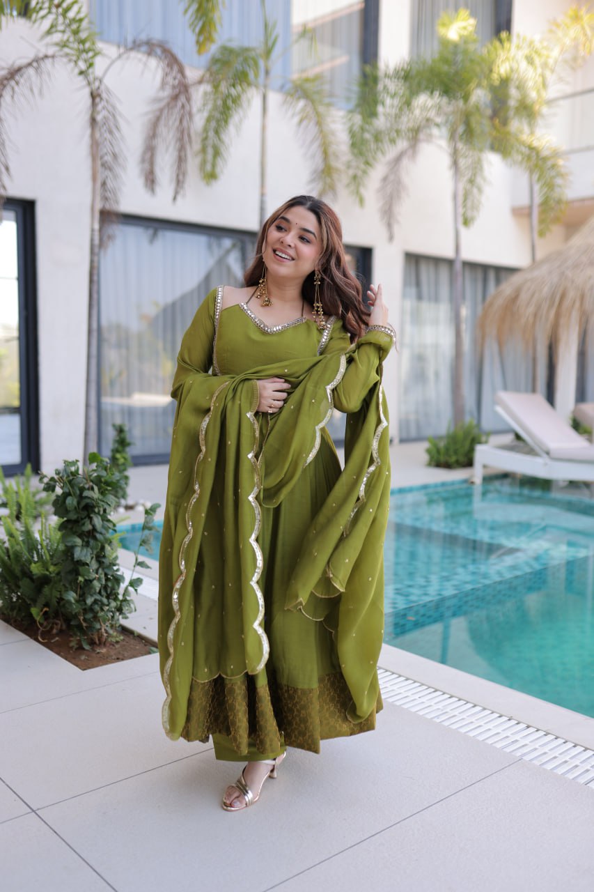 Graceful Queen Look Mehendi Green Anarkali Suit Set