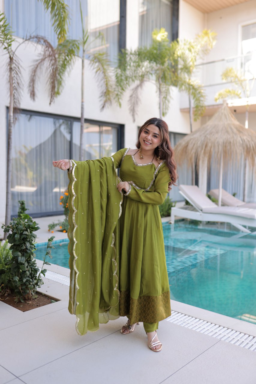 Graceful Queen Look Mehendi Green Anarkali Suit Set