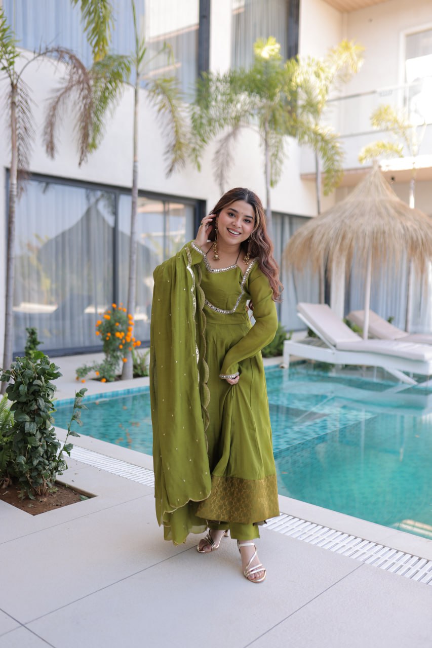 Graceful Queen Look Mehendi Green Anarkali Suit Set