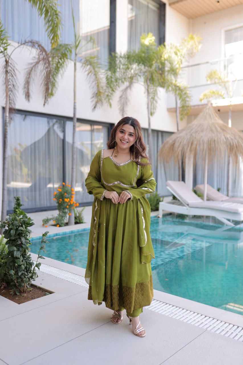 Graceful Queen Look Mehendi Green Anarkali Suit Set