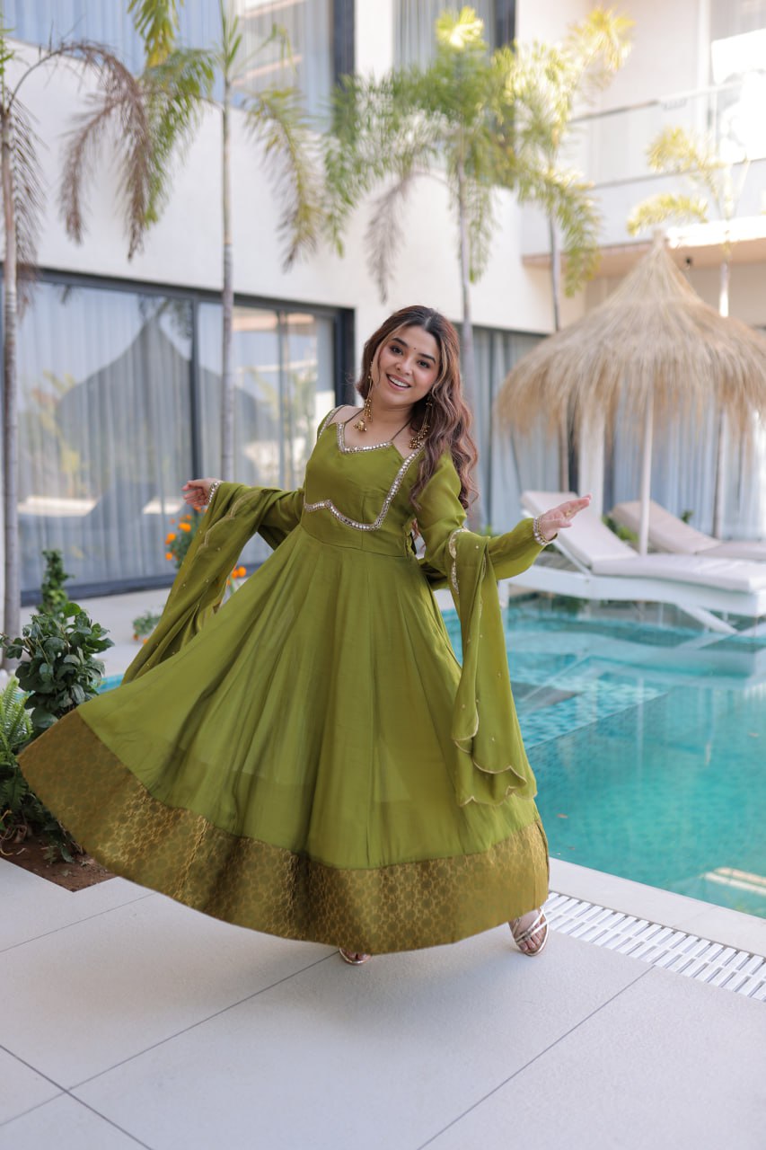 Graceful Queen Look Mehendi Green Anarkali Suit Set