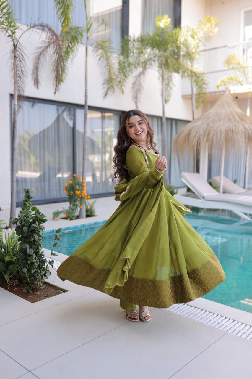 Graceful Queen Look Mehendi Green Anarkali Suit Set