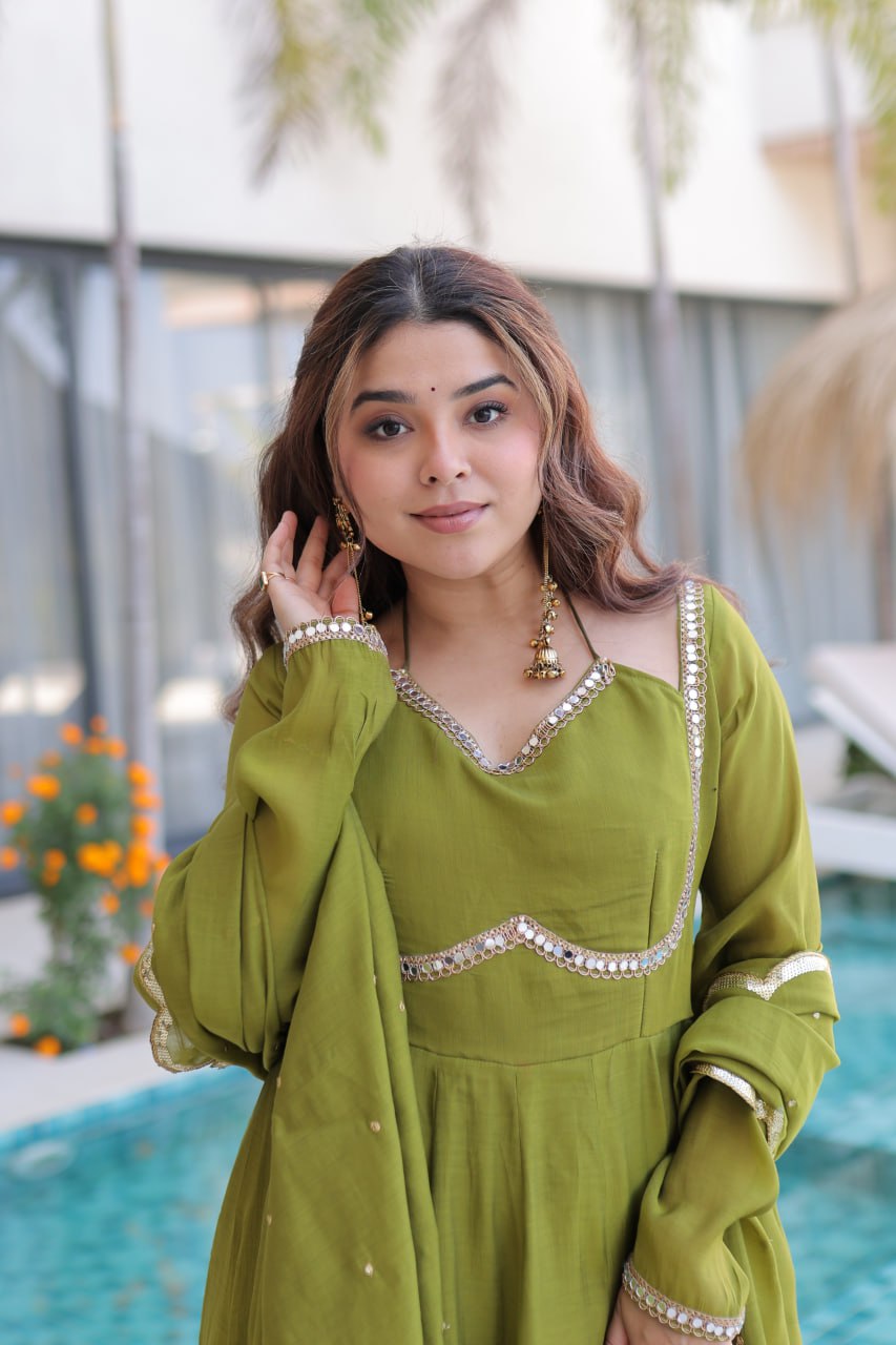 Graceful Queen Look Mehendi Green Anarkali Suit Set