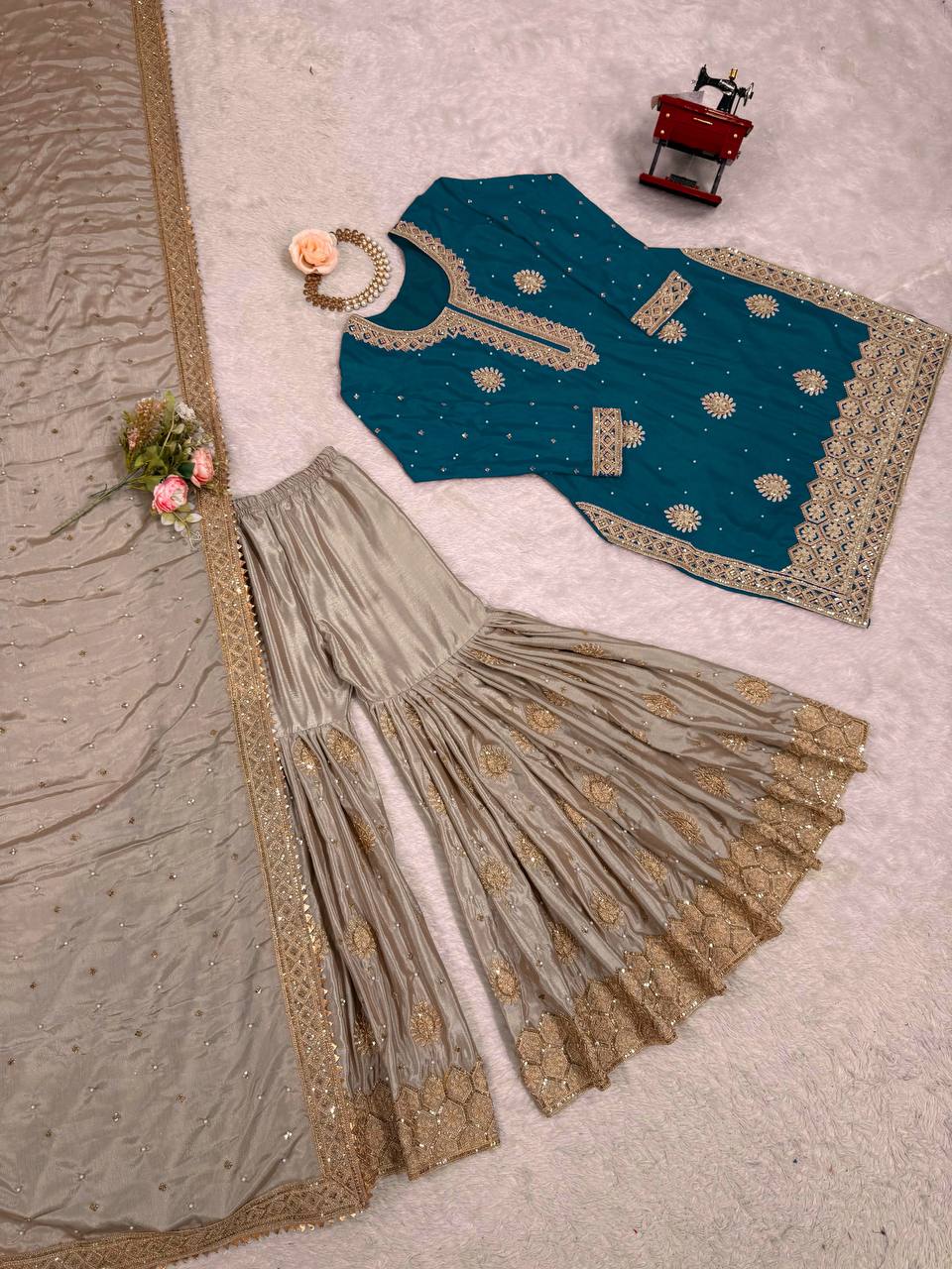 Designer Chinon Silk Embroidered Sharara Suit with Pearl Work Dupatta