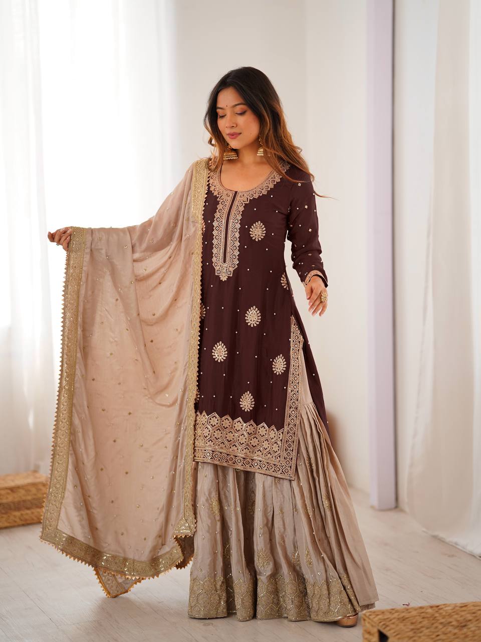 Designer Chinon Silk Embroidered Sharara Suit with Pearl Work Dupatta