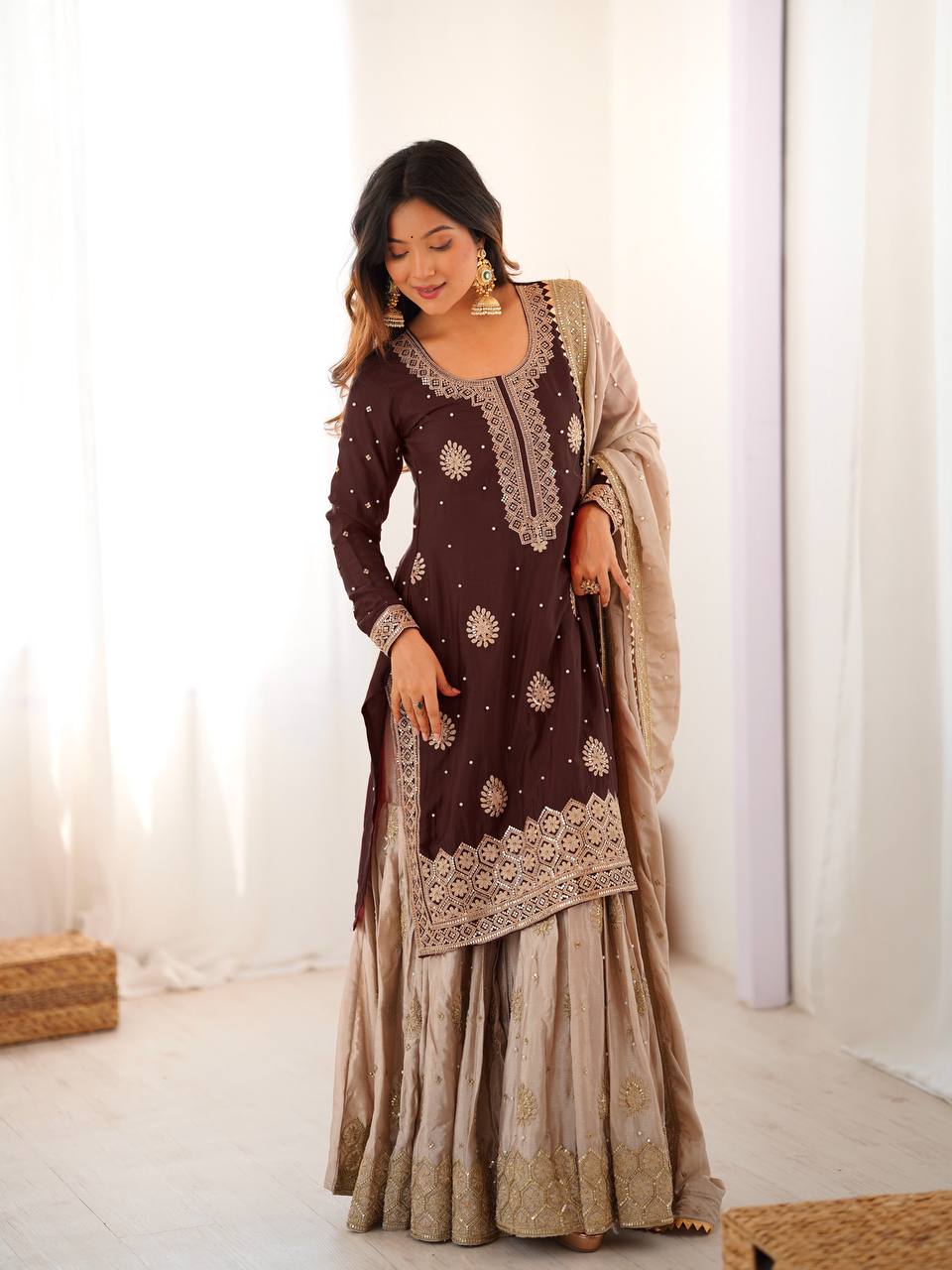 Designer Chinon Silk Embroidered Sharara Suit with Pearl Work Dupatta