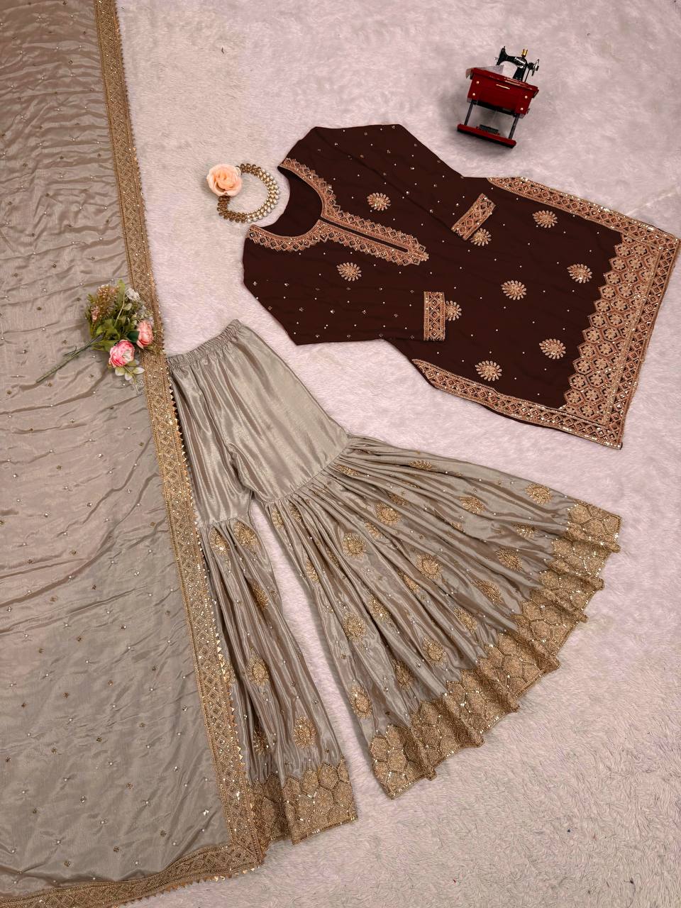 Designer Chinon Silk Embroidered Sharara Suit with Pearl Work Dupatta