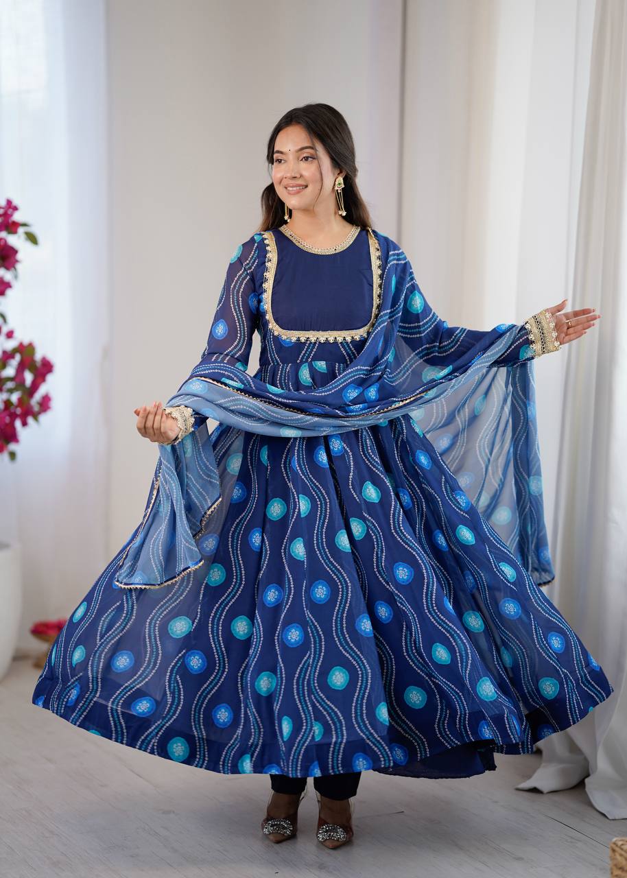 Navy Blue Elegant Bandhani Print Anarkali Suit Set