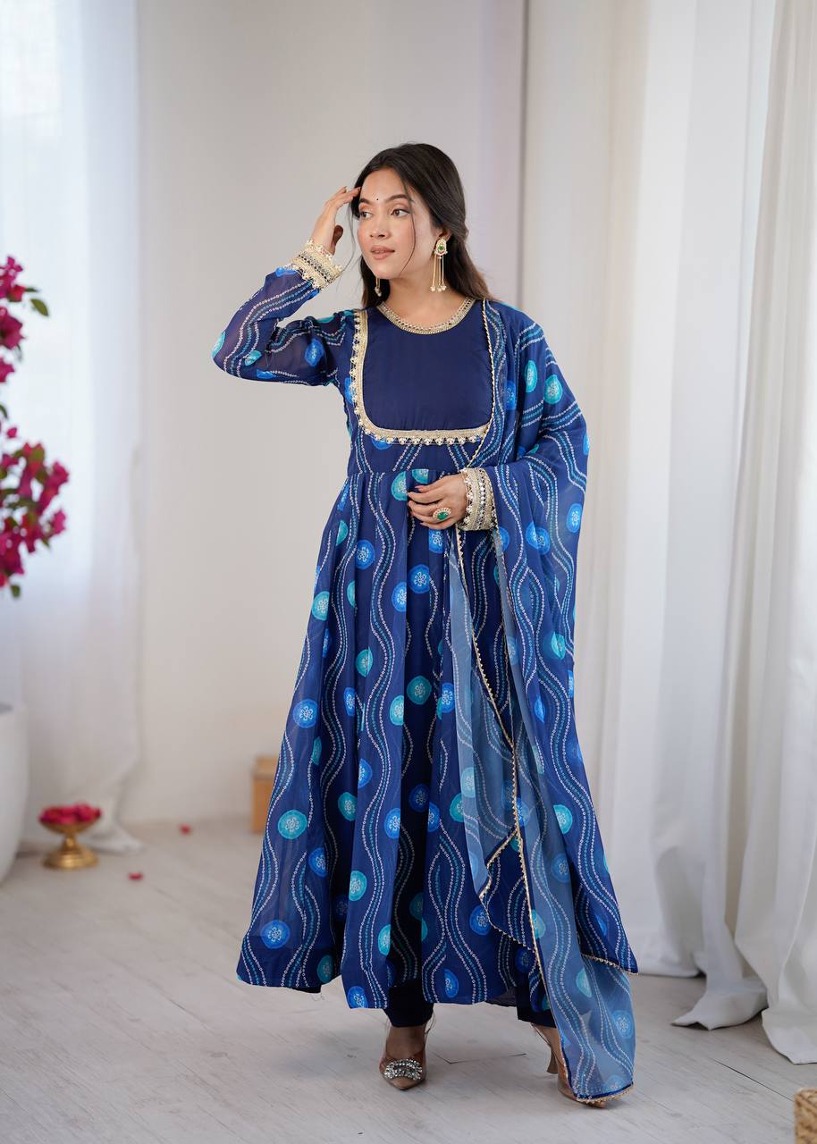 Navy Blue Elegant Bandhani Print Anarkali Suit Set